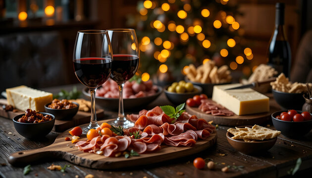Delicious Holiday Charcuterie Board with Red Wine Glasses, Cured Meats, Cheese, and Olives on a Rustic Wooden Table, Festive Dinner Party Scene with a Warm Christmas Tree Bokeh Background 