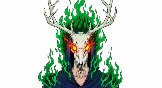 Dark fantasy shaman character with a glowing-eyed deer skull and antlers surrounded by enchanted green fire