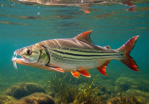 tigerfish fish live in river and lake water, swimming freely in the water