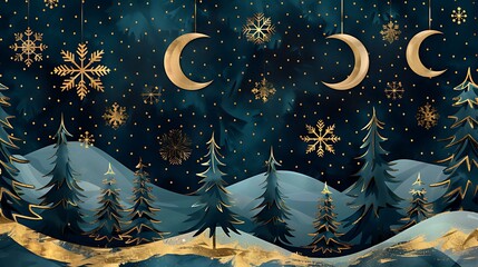 Winter landscape with golden celestial elements and snowy evergreen trees