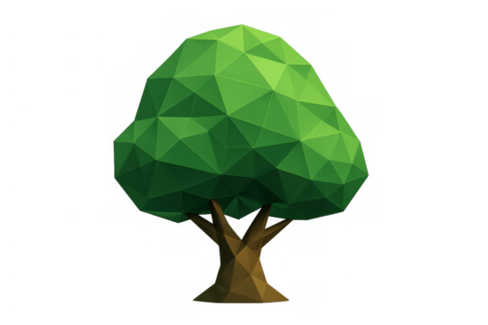 Low poly green tree model demonstrating geometric design and natural digital representation on transparent background - Powered by Adobe