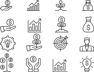 A collection of black line symbol depicting financial growth investment and business success concepts