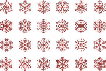 Christmas Collection of twentyfour intricate red snowflakes, each unique, displayed against a clean for easy use