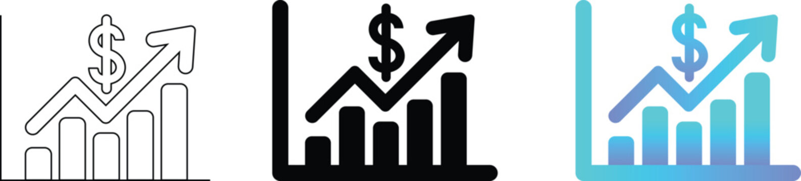 Financial growth symbol showing a bar chart with an upward arrow and a dollar sign in outline, silhouette,  and blue gradient styles