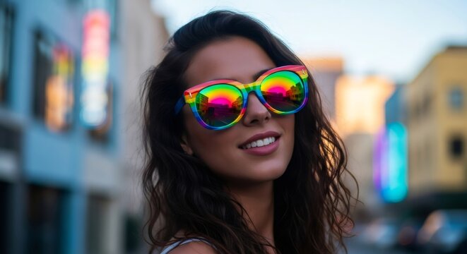Woman with rainbow glasses smiling in city. Colorful eyewear reflecting urban scene. Celebrating diversity and inclusion concept.
