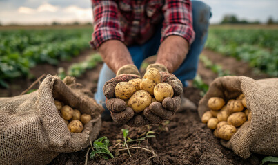 A close-up of a farmer's gloved hands holding freshly harvested potatoes, kneeling between two burlap sacks of potatoes in a field.