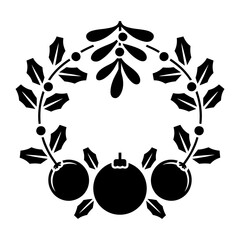 Christmas decoration, round frame with holly leaves, oranges and mistletoe branch icon Silhouette vector with white background 