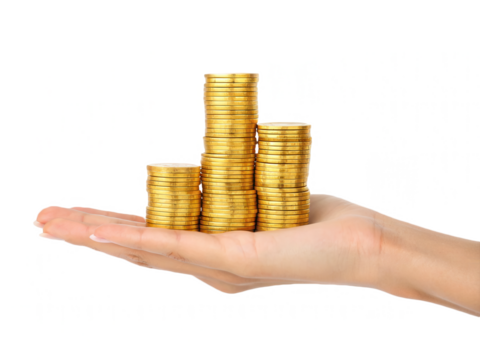 Professional gold coins stacked in hand, symbolizing wealth, investment, financial growth, economic prosperity, and asset management in modern economy