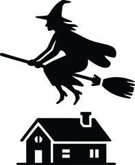 Halloween Witch Silhouette: A dark silhouette of a witch, soaring high on a broomstick above a spooky house. Capturing the spirit of All Hallows' Eve and Halloween spirit.