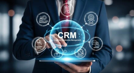 CRM Customer Relationship Management Hologram Above Tablet with Search and Analytics Icons