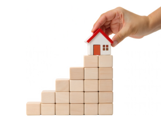 Real estate investment growth concept showing hand placing miniature house on wooden blocks step ladder representing property planning, housing market success, financial future and smart ownership