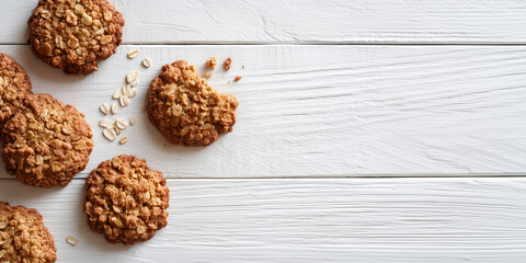 Homemade oatmeal flakes cookies flat lay against white wooden planks background. Healthy organic snack nutrition lifestyle.