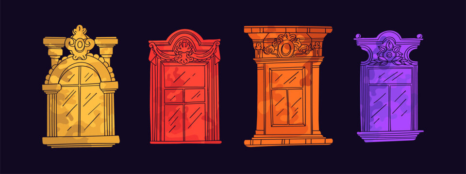 Set of vintage windows with ornamental decor. Classical architecture. Vector illustration set. Hand drawn.