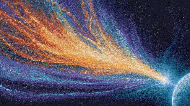 thermosphere. A painterly solar corona explosion with rippling aurora energy cascading toward a small blue planet. STEM education sheets.