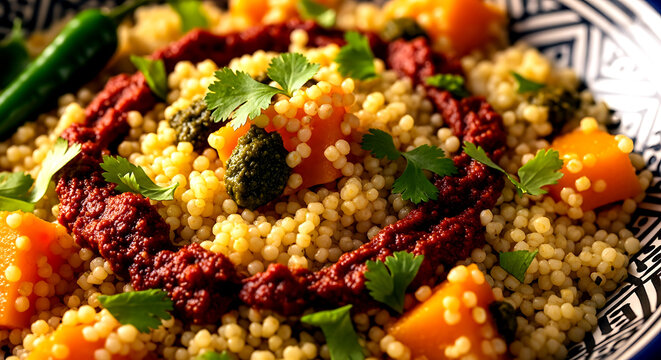 Tunisia Pumpkin Couscous (Couscous bil Qar'). with harissa and herbs, semolina grains and vegetable pieces 