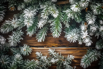 Frosted Evergreen Branches Border on Rustic Wood