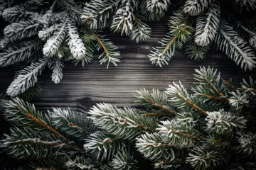 Frosted Evergreen Branches Border on Rustic Wood
