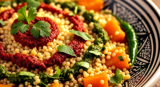 Tunisia Pumpkin Couscous (Couscous bil Qar'). with harissa and herbs, semolina grains and vegetable pieces 