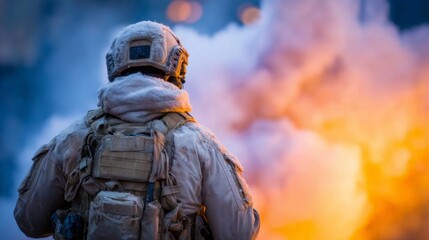 Naklejka premium In a tense and explosive moment, a soldier clad in tactical gear surveys the scene, smoke and flames rising behind. The intensity of the environment highlights their focus and determination
