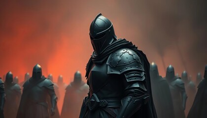 A lone black knight, armor battered, encircled by shadowy figures,  hopeless,  despair