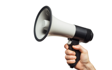 Hand holding a mega phone on white background.png