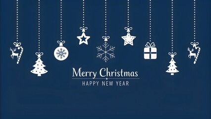 Elegant white christmas ornaments like trees stars snowflakes and gifts hang on a dark blue background with festive greetings