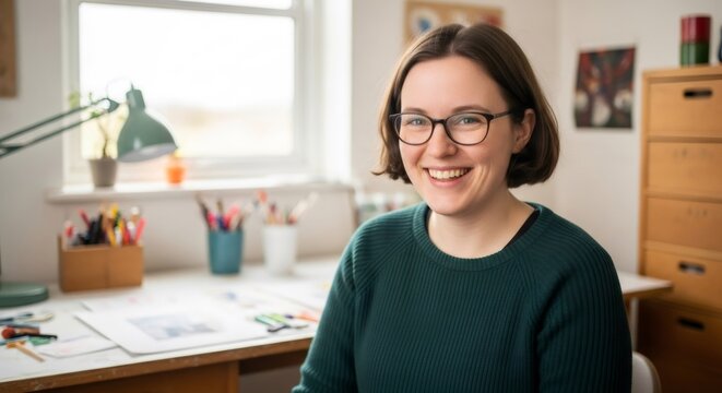 Caucasian woman smiling happily, sitting at her desk with art supplies. Artist or designer working from home. Freelance and creative work lifestyle concept.