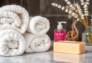 Luxurious white bath towels and fragrant bar soap, white, resort
