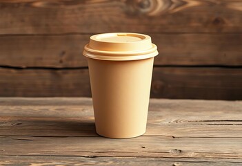 Recycled paper coffee cup with lid, sitting on rustic wood,  template,  morning