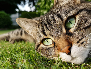 close-up of a ginger cat resting on grass with sunlight illuminating its fur
