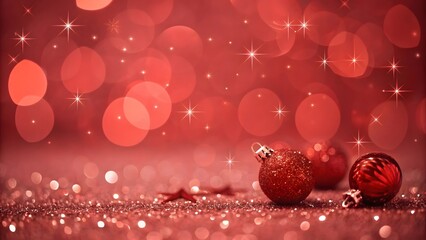 Festive red bokeh background with sparkling glitter and small decorative christmas ornaments scattered on a textured surface