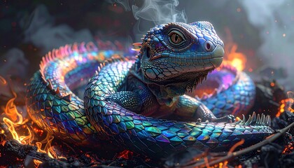 Mystical iridescent lizard coiled around embers, with smoke rising, symbolizing transformation and rebirth in a fantasy setting