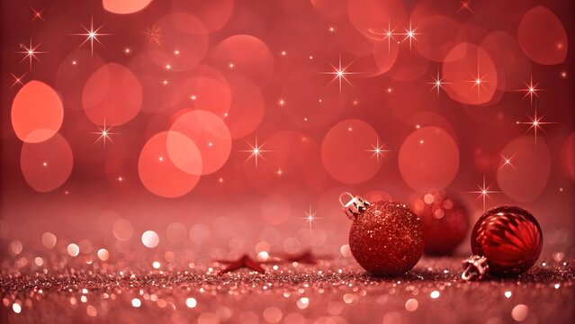 Festive red bokeh background with sparkling glitter and small decorative christmas ornaments scattered on a textured surface