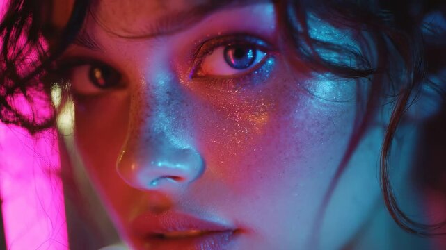 Portrait of a young woman with radiant skin, captivating eyes, and vibrant lighting in an artistic setting