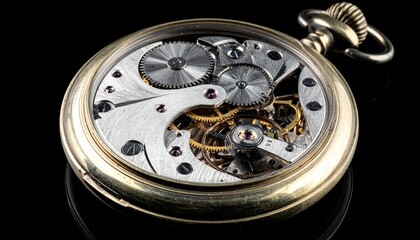 Close-up view of the intricate internal mechanism of a vintage pocket watch against a dark background