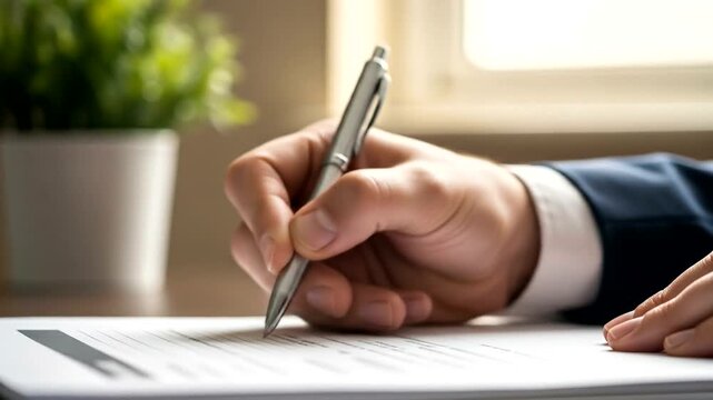Businessman signing important documents at a desk with greenery