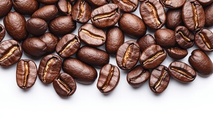 Fototapeta premium A close-up view of roasted coffee beans, showcasing their rich brown color and unique textures, perfect for coffee enthusiasts and culinary uses.