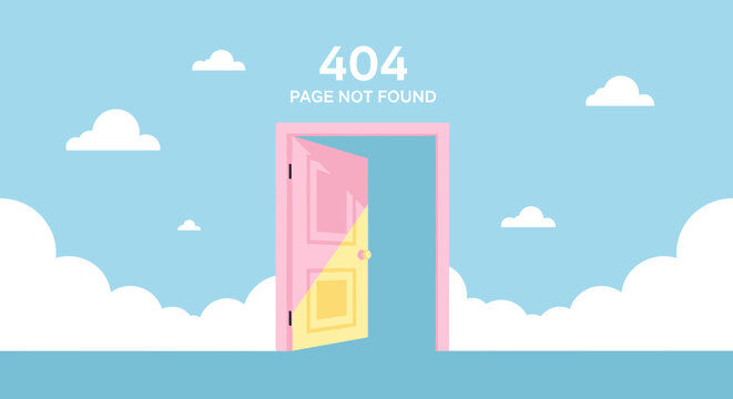 404 Page Not Found with Open Door in Blue Sky, Website Error Concept