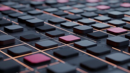 Abstract futuristic grid of buttons with illuminated lines and selectively highlighted pink or red squares creates an innovative design.