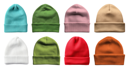 PNG Colorful beanies in various shades, element set on transparent background