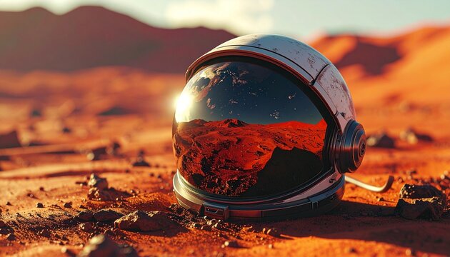 Martian exploration helmet reflecting alien planet landscape, symbolizing space discovery and future space travel