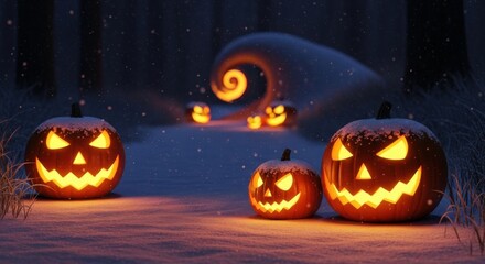 Spooky glowing jack o lanterns illuminate a dark forest path on halloween night