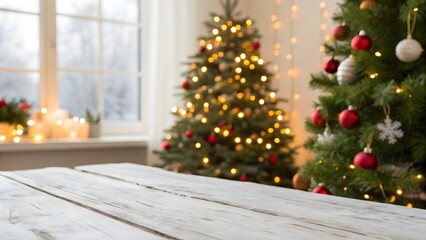 Cozy christmas scene with two decorated evergreen trees glowing with warm lights and festive ornaments near a window with candles