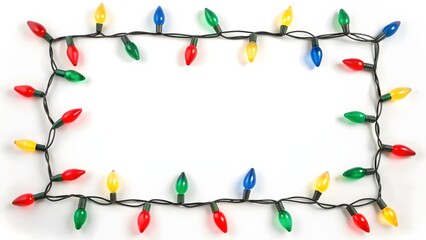 Festive rectangular frame made of colorful glowing christmas lights on a white background with copy space