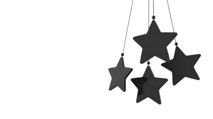 Cluster of gray stars hanging on threads isolated on transparent background