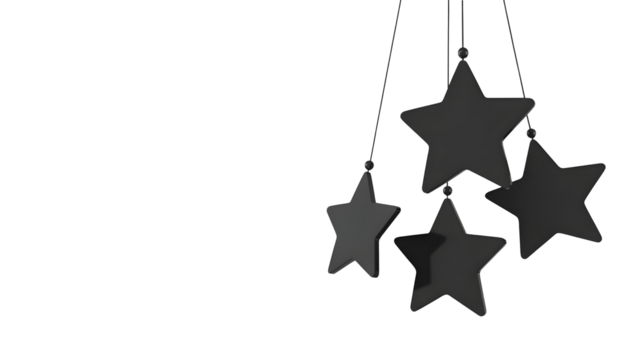 Cluster of gray stars hanging on threads isolated on transparent background