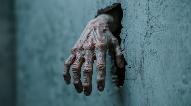 A grotesque, skeletal hand emerges from a cracked wall, creating a haunting and eerie atmosphere.