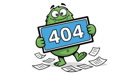 Playful Green Monster Walking with 404 Error Sign and Flying Papers Illustration