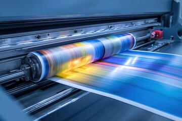 Industrial printing machine in action during large-scale printing process