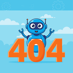 Friendly Blue Robot Character in Front of Orange 404 Page Not Found Error Illustration